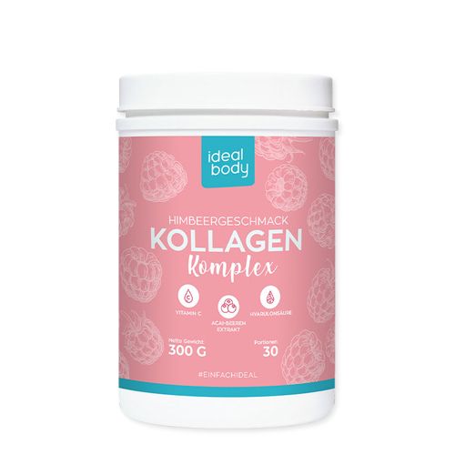 Weißer Behälter mit rosa Etikett. Aufschrift: Himbeergeschmack Kollagen Komplex. Enthält Vitamin C, Acai-Beeren-Extrakt, Hyaluronsäure. 30 Portionen.