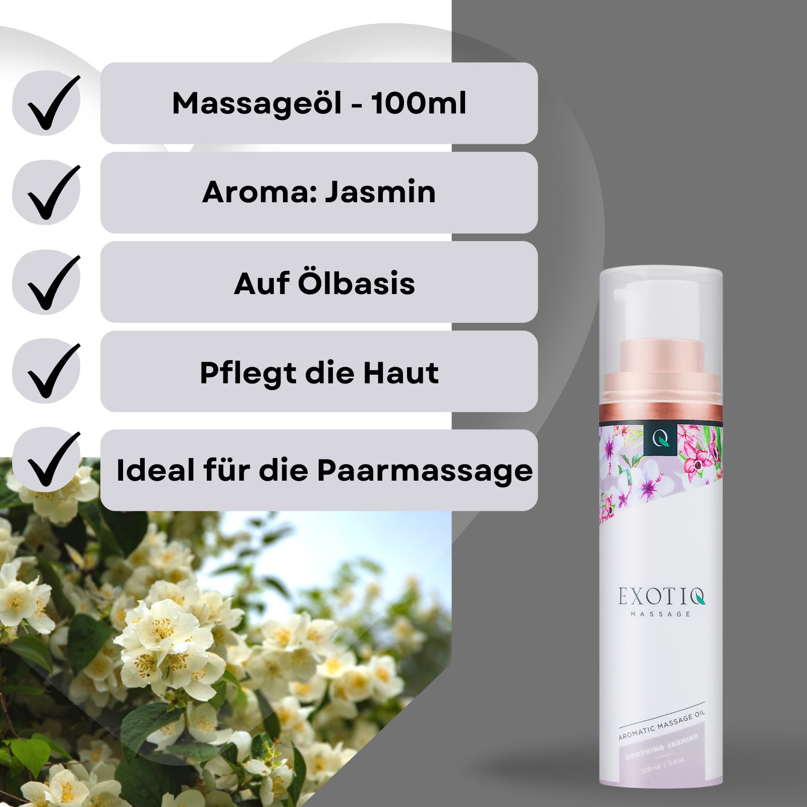 Produkt neben Checklisten. Massageöl, Aroma Jasmin, auf Ölbasis, pflegt die Haut, ideal für die Paarmassage. Grauer Hintergrund.