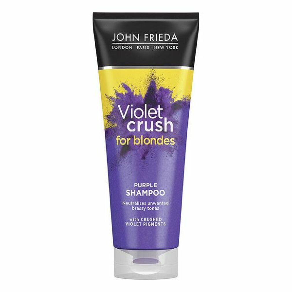 Violet Crush Shampoo für Blondinen. Lila Tube mit schwarzem Deckel. Text: John Frieda, Violet Crush, Purple Shampoo.