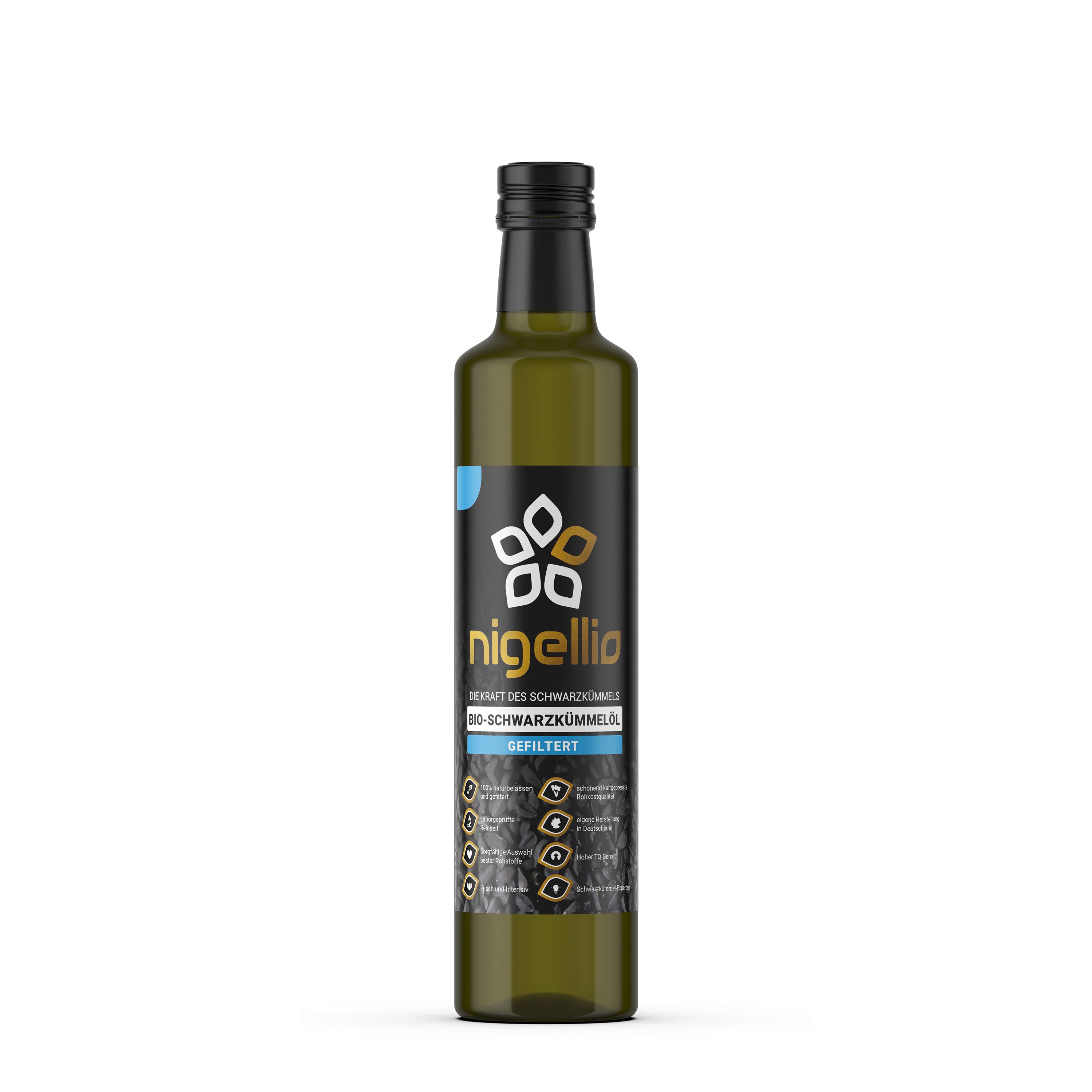 Nigellio Bio-Schwarzkümmelöl gefiltert, kaltgepresst aus ägyptischer Nigella sativa, klar & mild 250 ml Öl