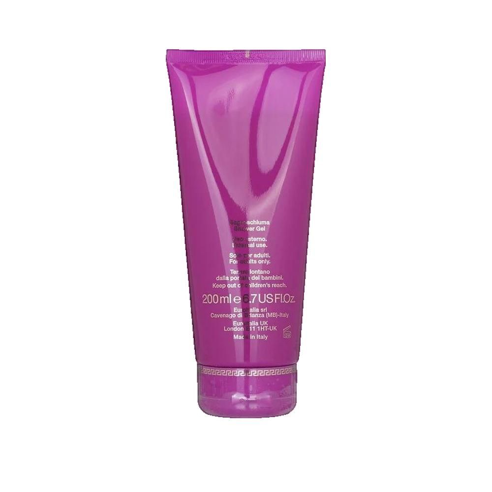 Rückseite einer lila Duschgel-Tube. Text: Inhaltsstoffe, Warnhinweise, Herstellerinformationen. 200ml, 6.7 US fl.oz.