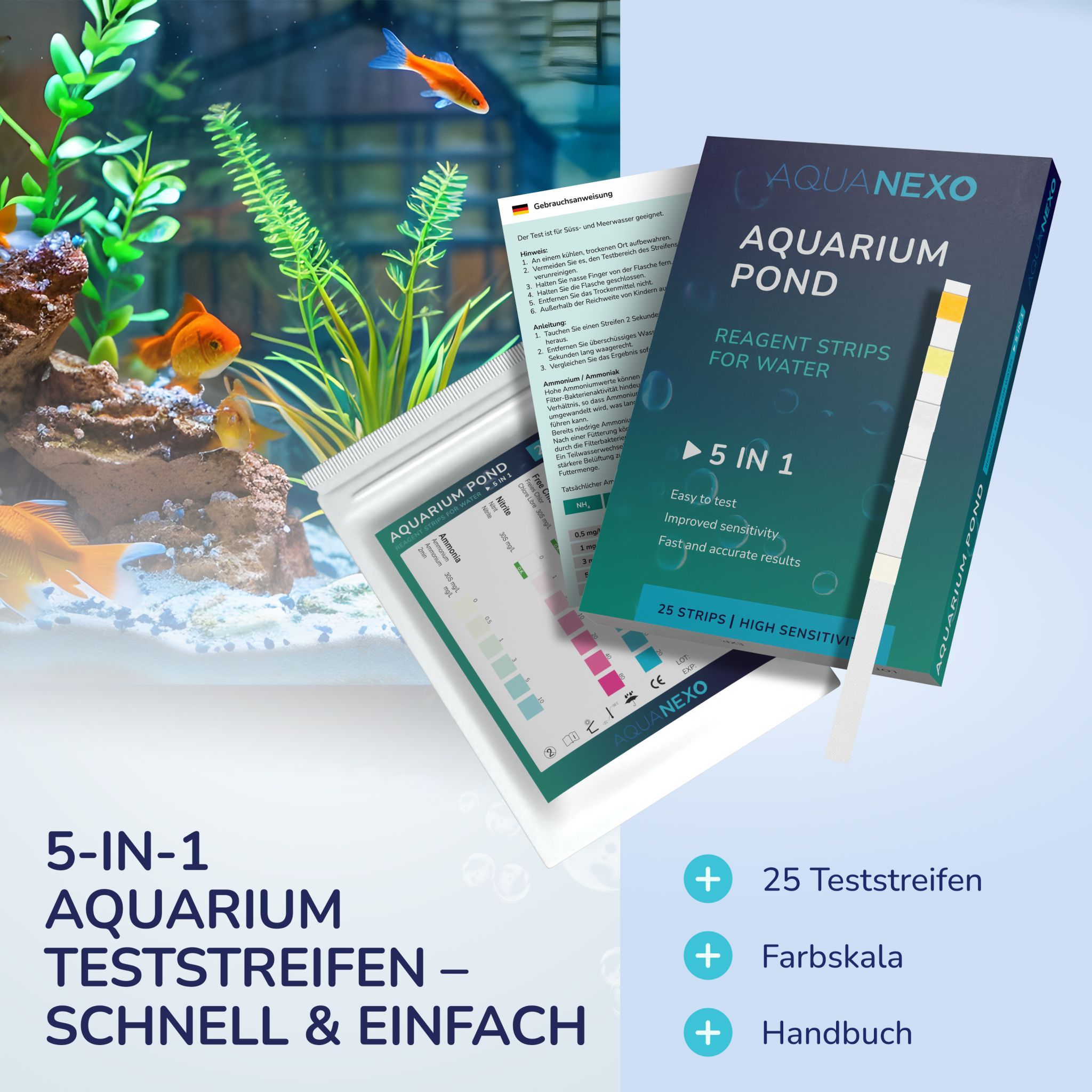 Aquarium mit Fischen, Teststreifen, Packung und Beutel. Auf der Packung steht "AQUANEXO AQUARIUM POND 5 IN 1".