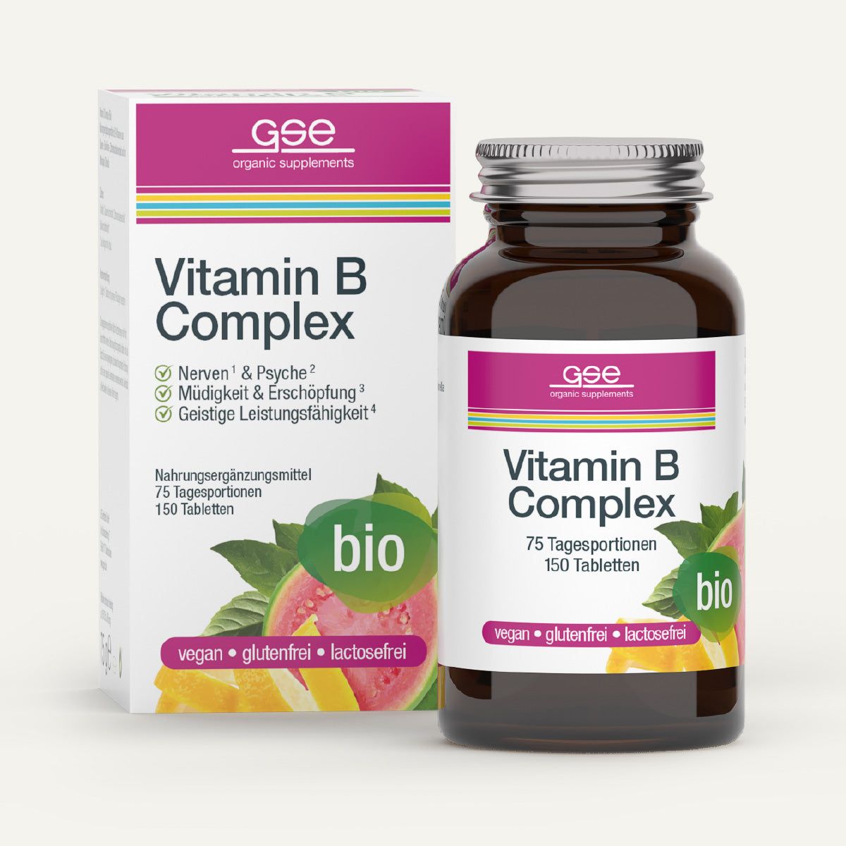 Braune Glasflasche und Karton mit GSE Vitamin B Complex. 150 Tabletten, bio, vegan, glutenfrei, laktosefrei.