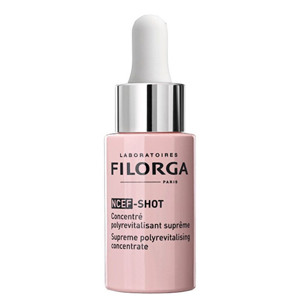Rosa Flasche mit weißem Tropfer. Aufschrift: FILORGA PARIS, NCEF-SHOT, Concentré polyrevitalisant suprême.