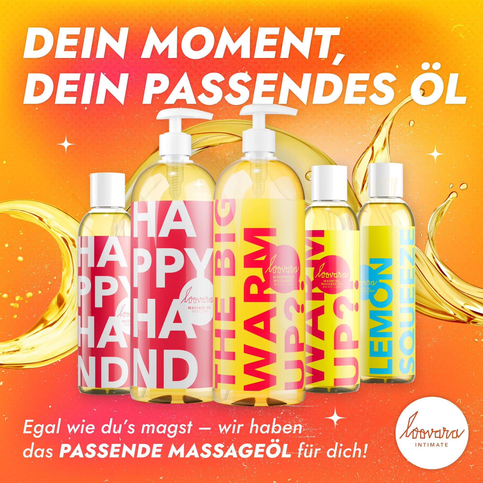 Flaschen mit Massageölen in verschiedenen Sorten und Größen.