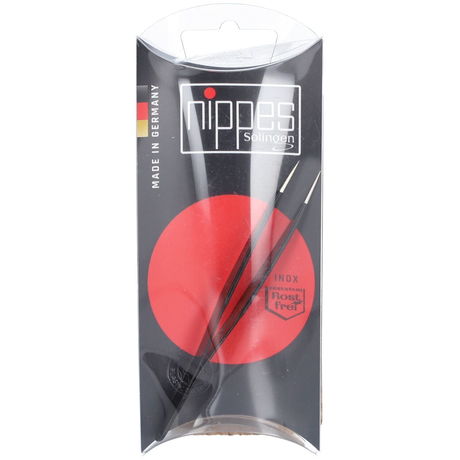 Schwarze Pinzette in transparenter Verpackung. Roter Kreis im Hintergrund. Schriftzug: nippes Solingen, INOX Rostfrei.