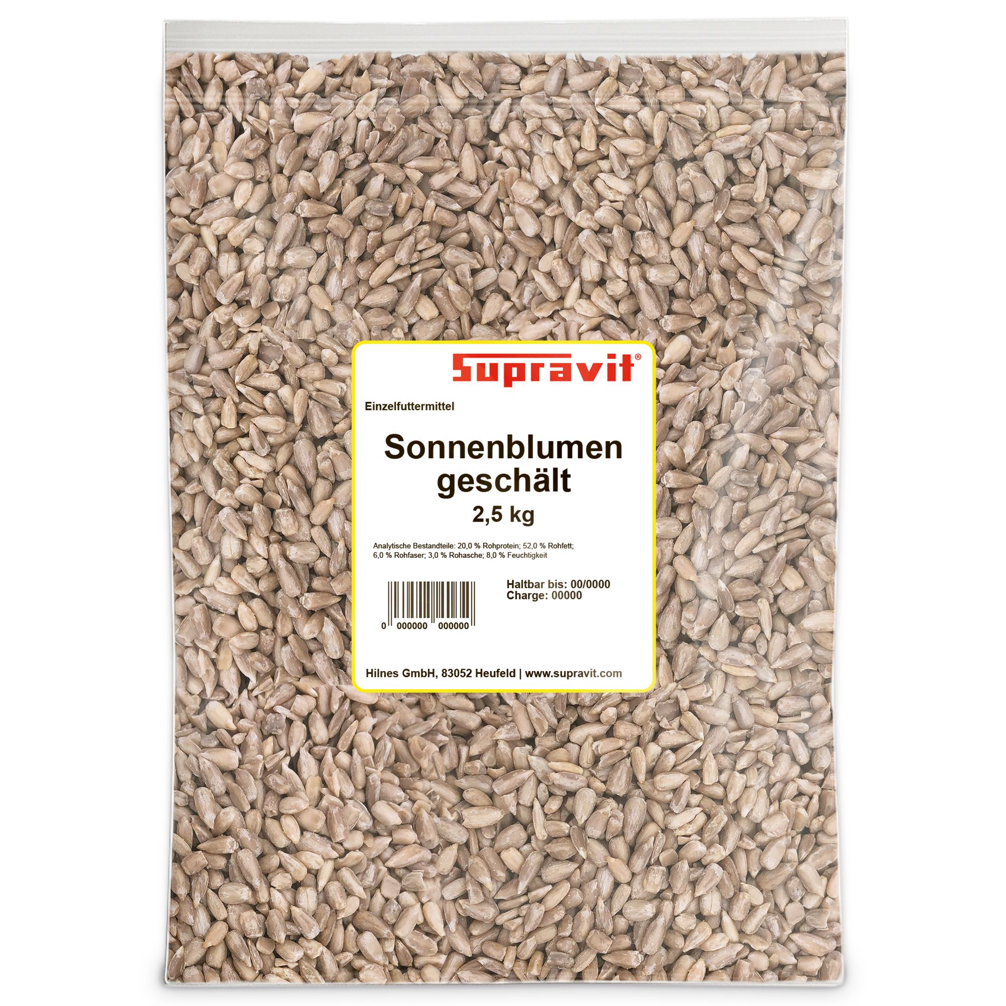 Transparenter Beutel mit geschälten Sonnenblumenkernen. Aufkleber mit Produktinformationen: Supravit Sonnenblumenkerne geschält, 2,5 kg.
