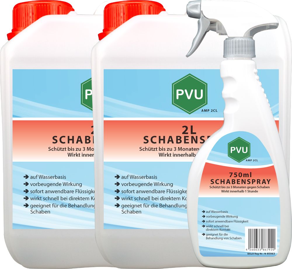 Drei Behälter PVU Schabenspray. Zwei 2L-Kanister mit rotem Deckel, ein 750ml-Sprühflasche. Text: Schützt bis zu 3 Monaten. Auf Wasserbasis.