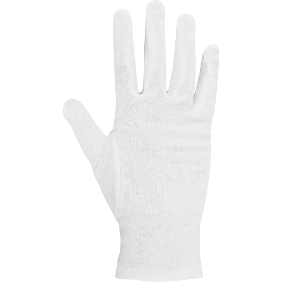Weißer Baumwollhandschuh, Größe 7, flach auf weißem Hintergrund. Fünf Finger sichtbar.
