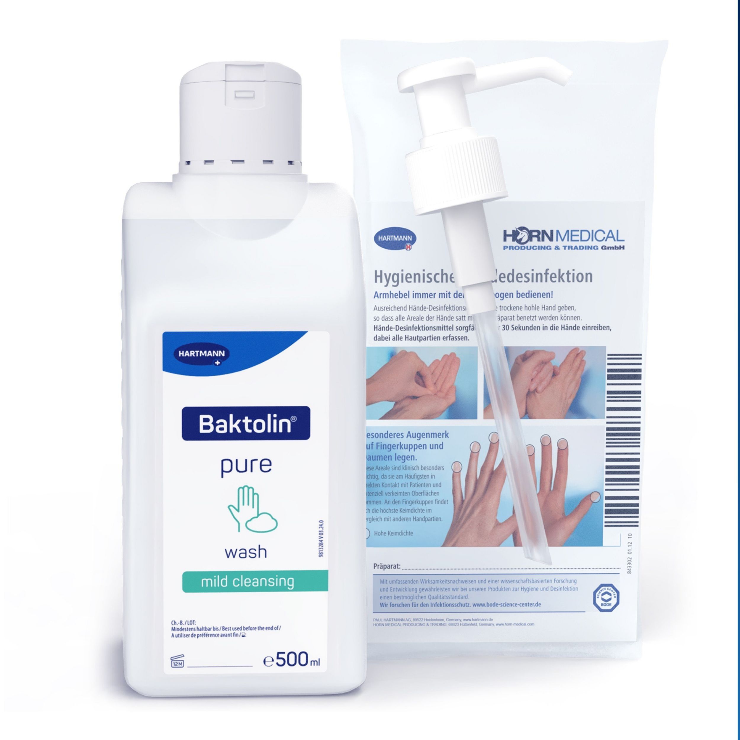 Baktolin pure wash Flasche und Desinfektionstücher. Flasche mit Pumpe und Etikett. Hygienische Händedesinfektion. Horn Medical.