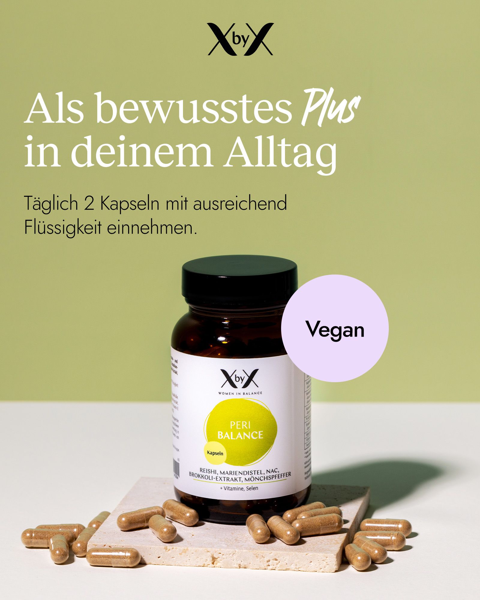 XbyX Peri Balance Flasche mit Kapseln, Aufkleber "Vegan" auf lila Kreis.