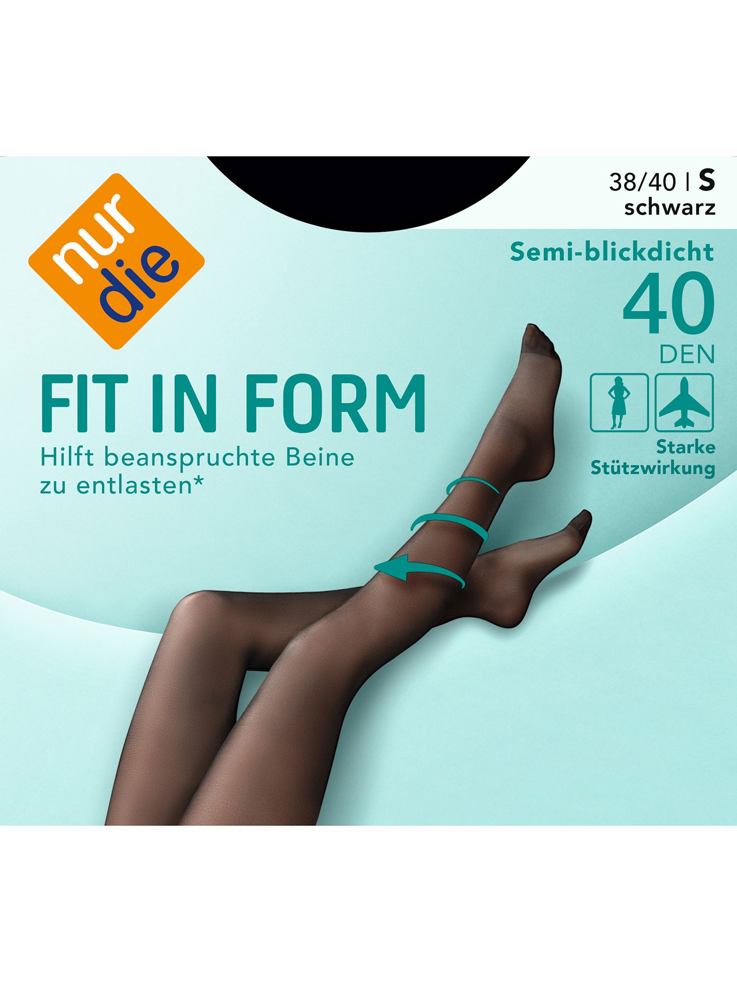 Schwarze Feinstrumpfhose mit der Aufschrift "FIT IN FORM". 40 DEN, semi-blickdicht. Starke Stützwirkung. Größe 38/40.