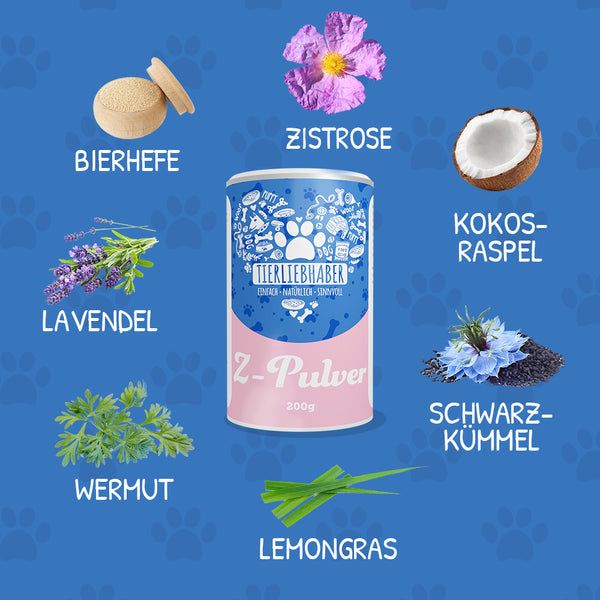 Dose Tierliebhaber Z-Pulver, umgeben von Zutaten: Bierhefe, Zistrose, Kokosraspel, Lavendel, Wermut, Lemongras, Schwarzkümmel.