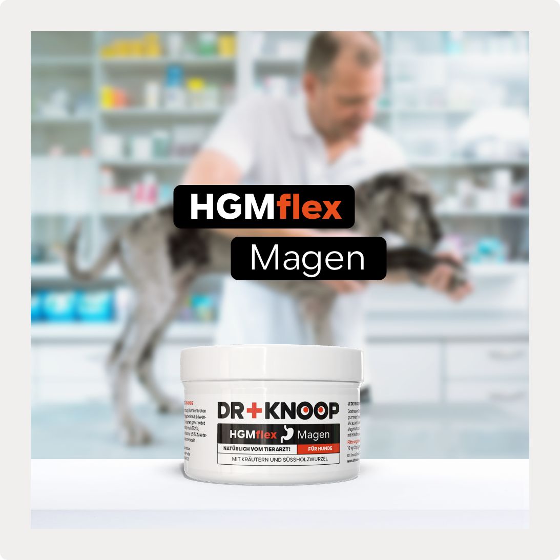 Produktglas mit Aufschrift DR+KNOOP, HGMflex Magen. Hund im Hintergrund. Produkt auf dem Tisch.