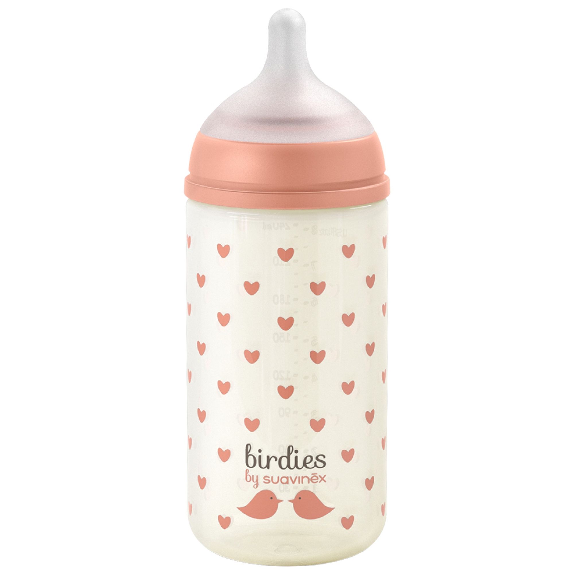 Suavinex Birdies Glasflasche symmetrischer Sauger langsamer Fluss ab 0 Monaten Rosa 7x7x18 cm