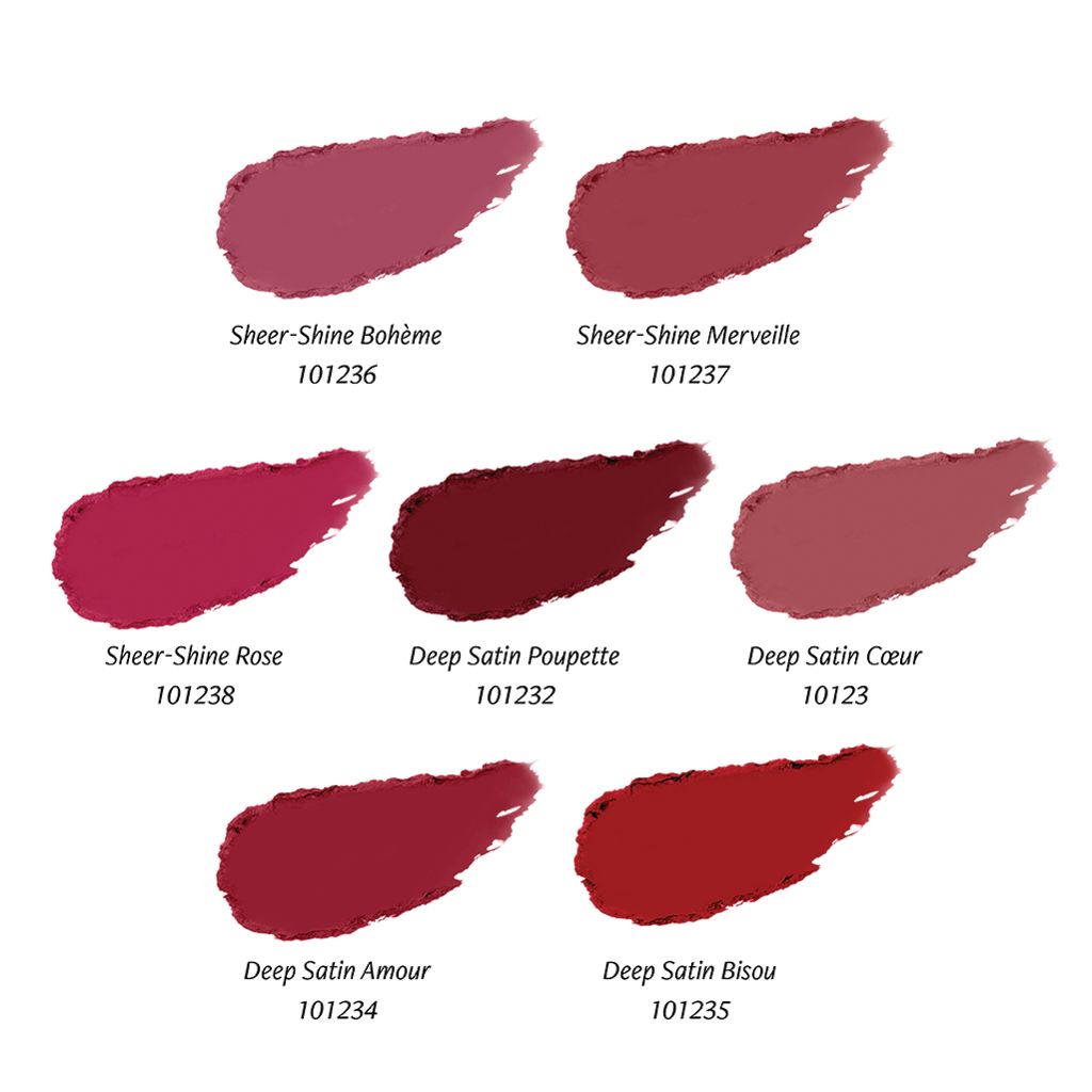Sieben Lippenstift-Abstriche in verschiedenen Farben. Farbnamen und Nummern darunter.