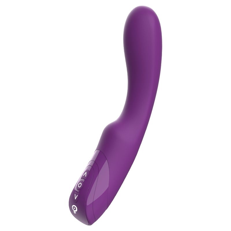 Lila Vibrator mit geschwungener Form. Bedienfeld mit Tasten: O, V, Q.