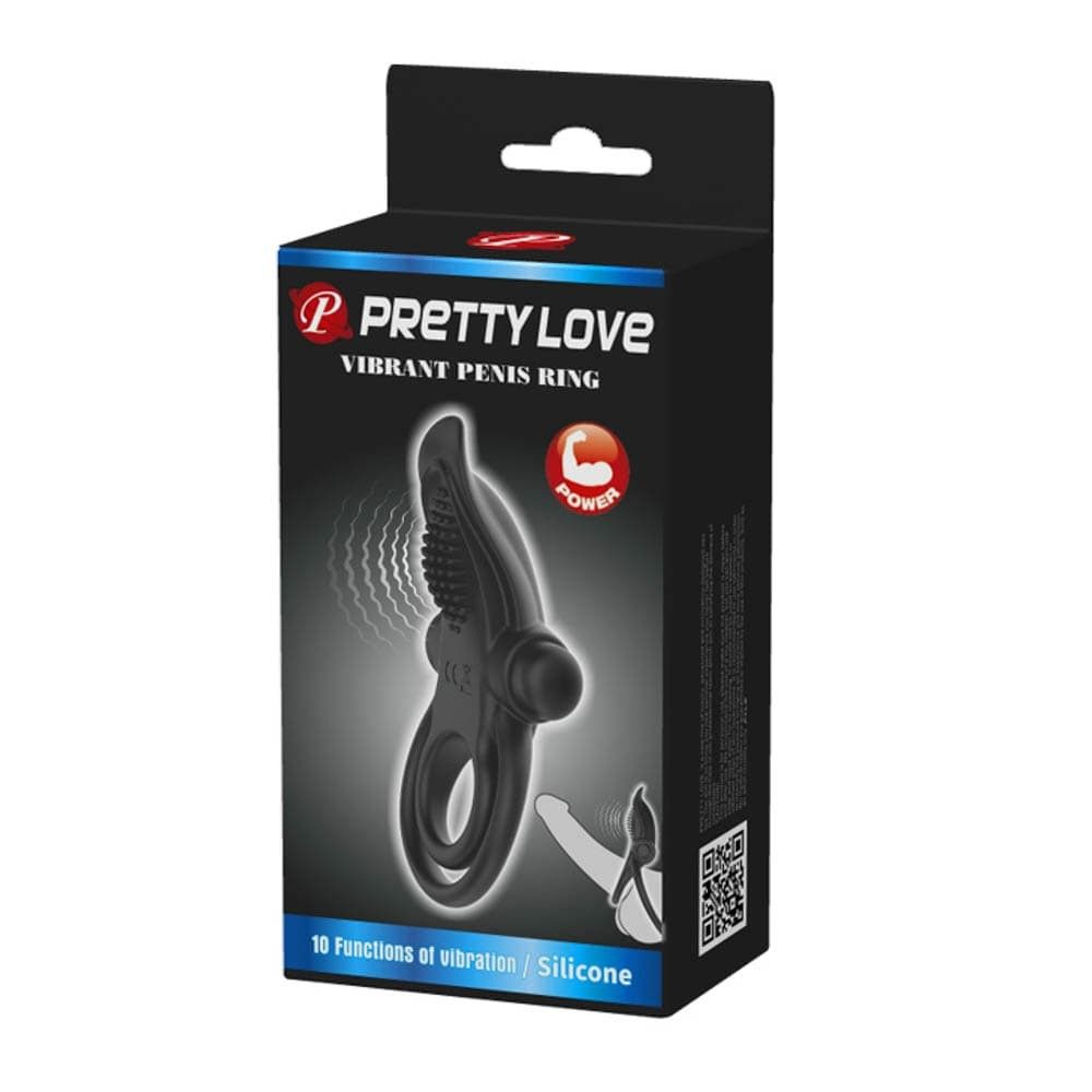 Schwarze Produktverpackung mit Produktabbildung. Text: PRETTY LOVE, VIBRANT PENIS RING, 10 Funktionen, Silikon.