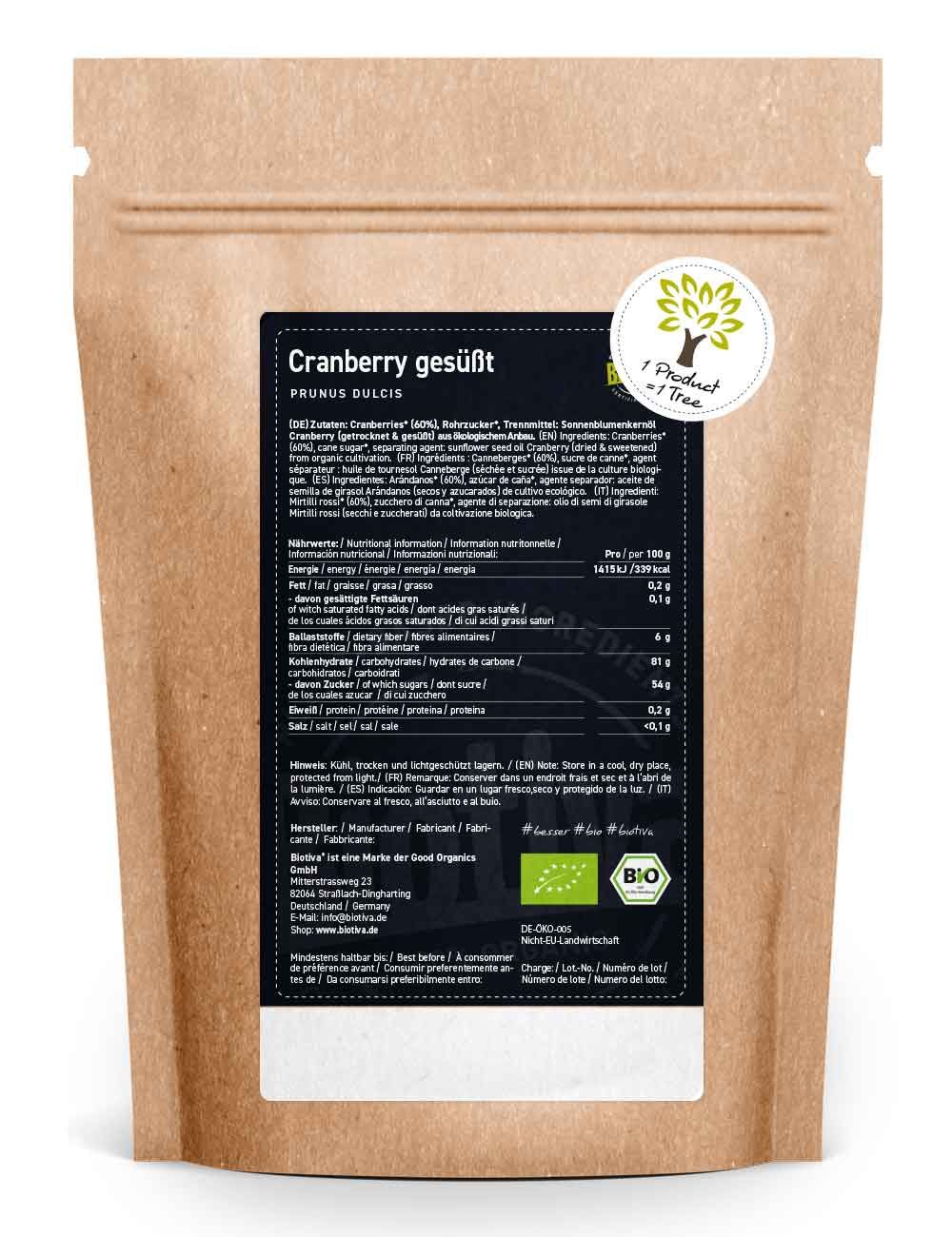 Rückseite der Biotiva Cranberries-Verpackung. Schwarzes Etikett mit Nährwertangaben und Bio-Siegel.