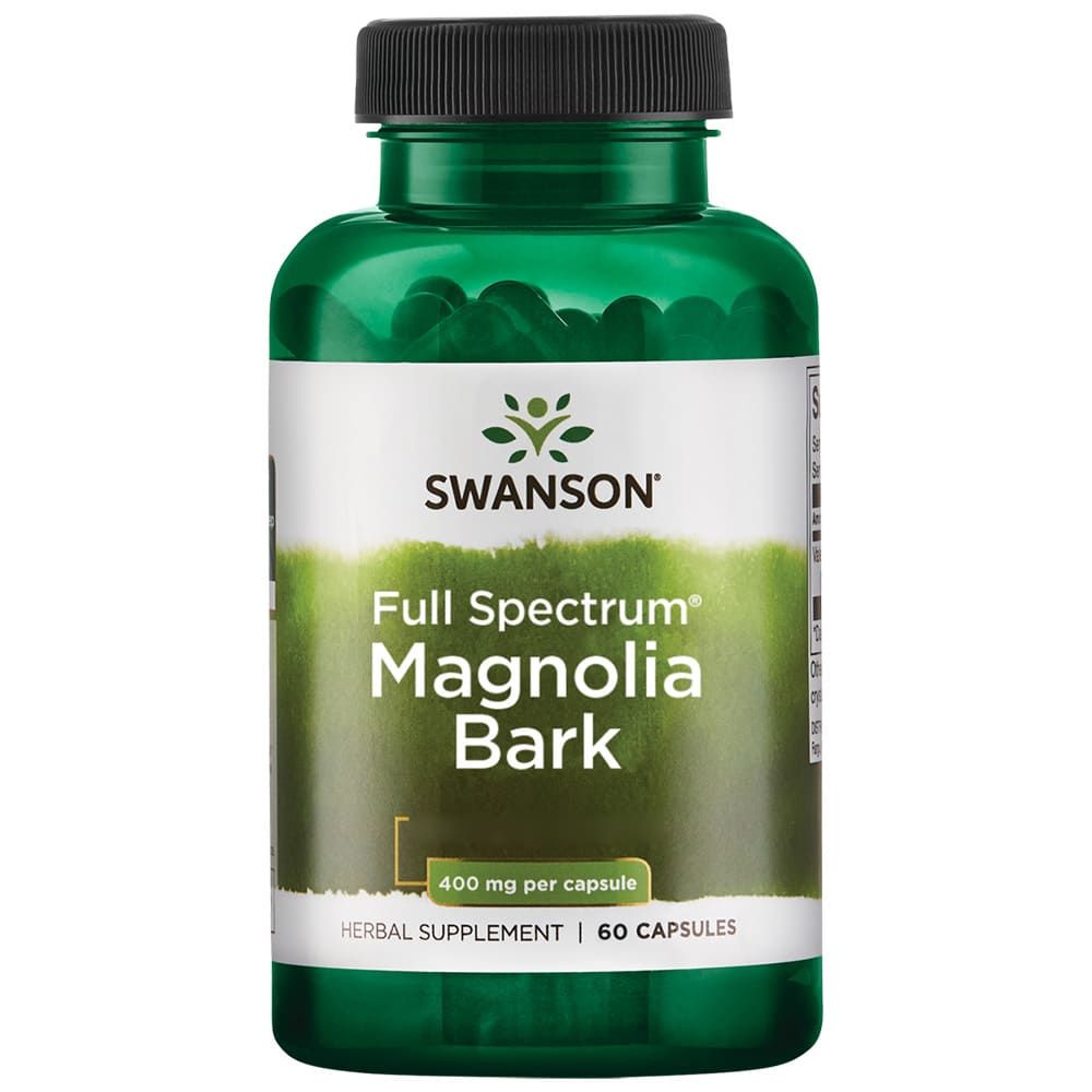 Grüne Flasche mit schwarzen Kapseln. Aufschrift: SWANSON, Magnolia Bark, 400 mg pro Kapsel, 60 Kapseln.