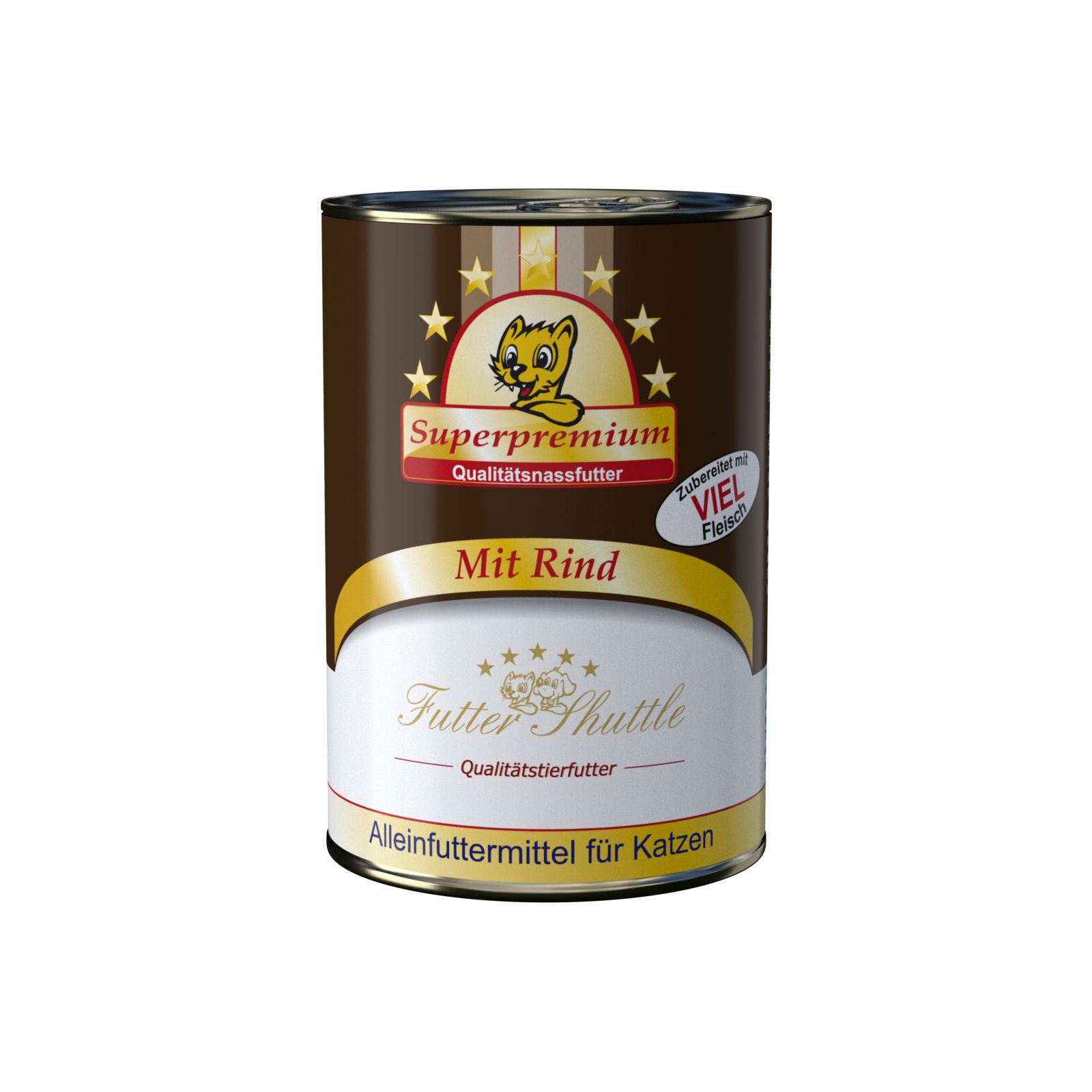 Braune Dose Katzenfutter. Aufschrift: Superpremium, Mit Rind, Futter Shuttle, Alleinfuttermittel für Katzen. Mit Katzen-Logo.