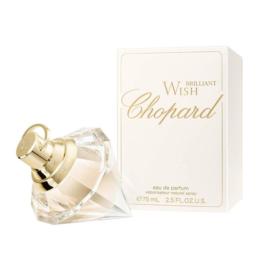 Parfümflakon und Verpackung. Der Flakon ist diamantförmig. Auf der Verpackung steht "Brilliant Wish Chopard".