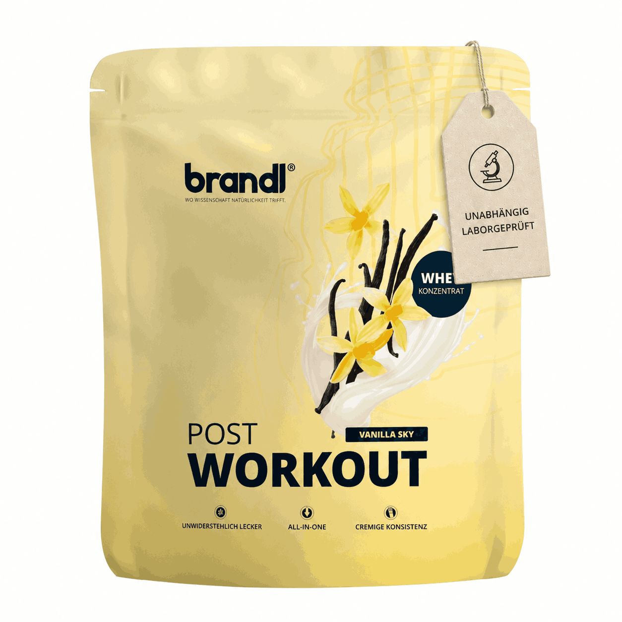 Beutel brandl® Post Workout Vanilla Sky. Text: Unverfälscht lecker, All-in-One, cremige Konsistenz. Mit Anhänger: Unabhängig laborgeprüft.