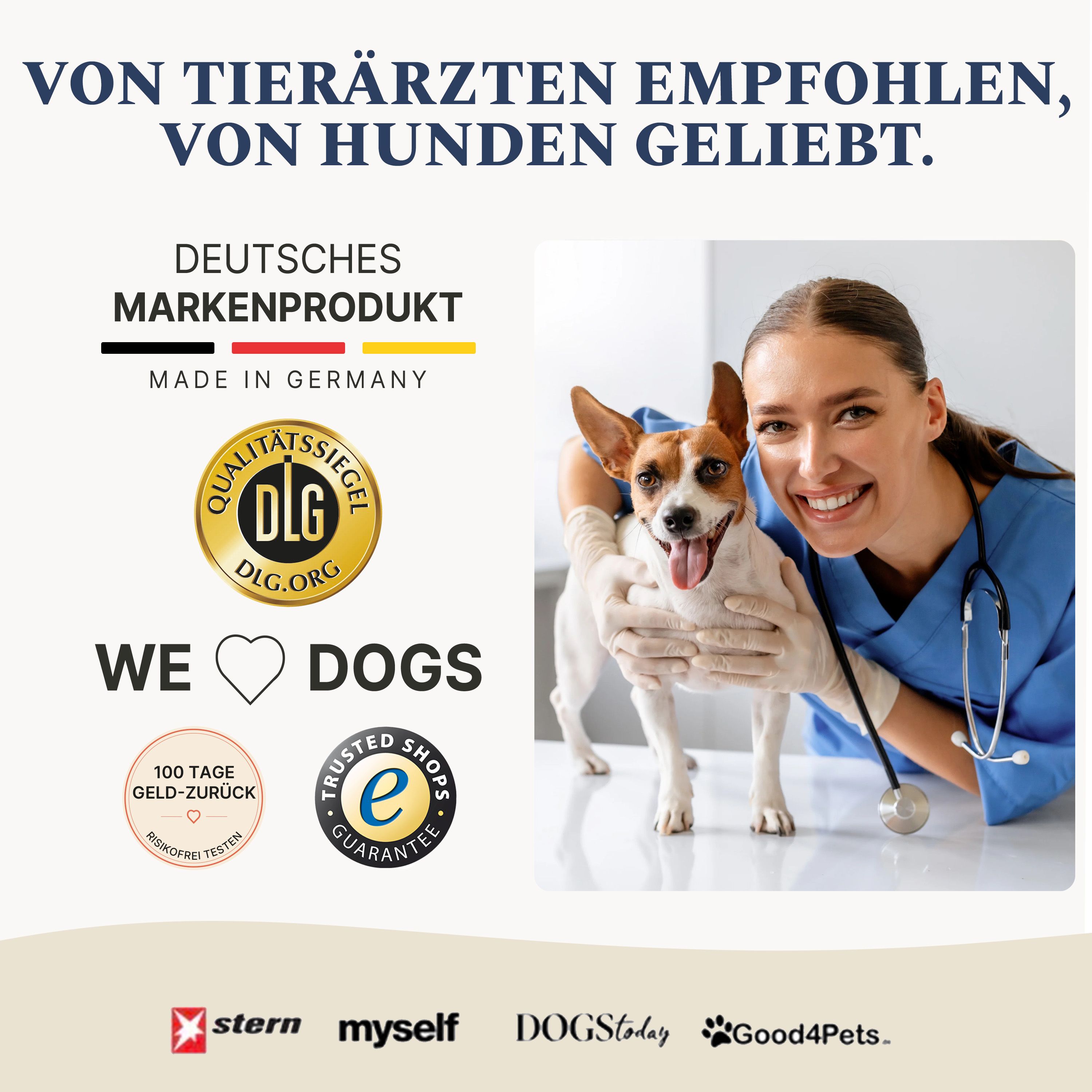 Tierärztin mit Hund, Siegel 'Deutsches Markenprodukt', DLG-Qualitätssiegel und Trusted Shops.