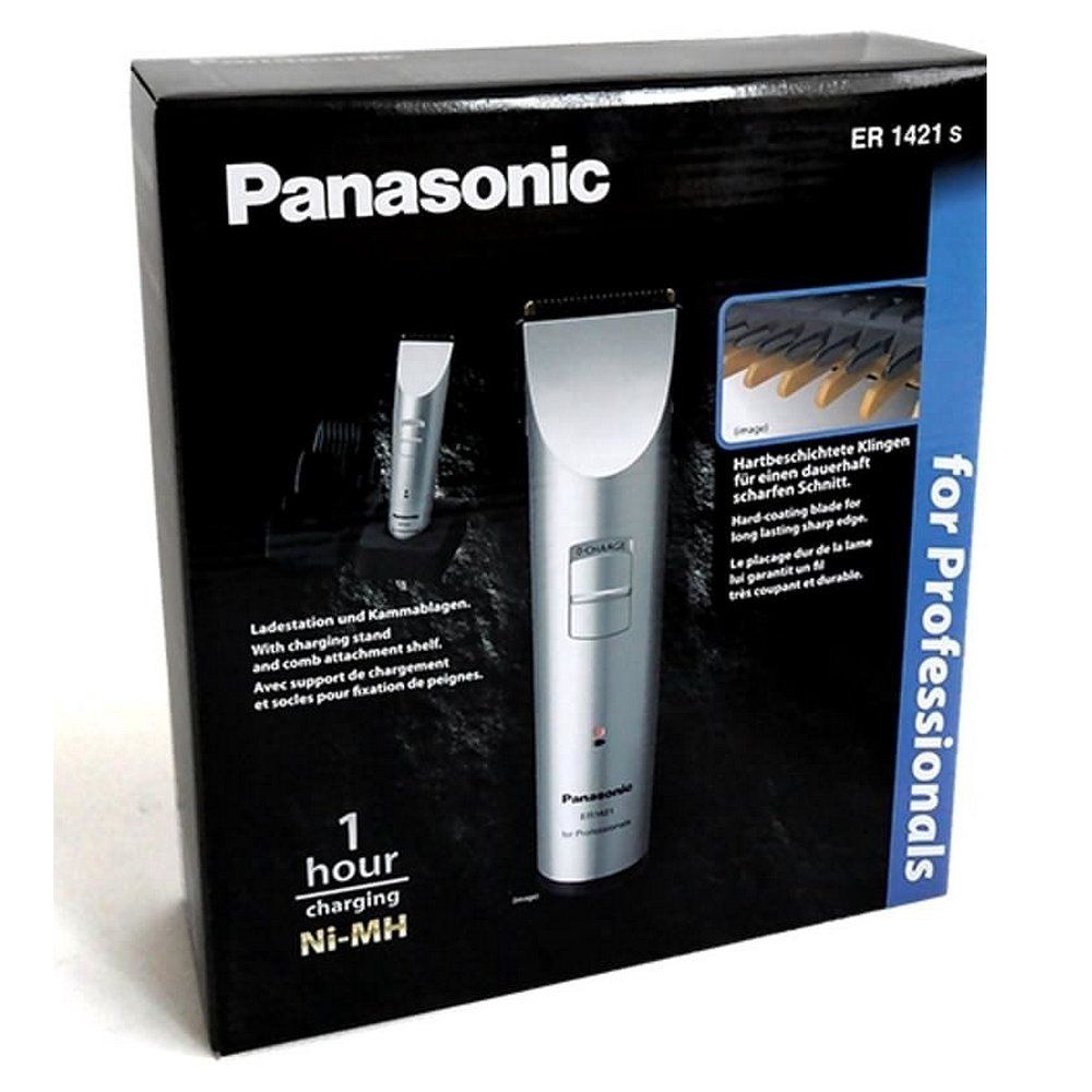 Verpackung des Panasonic Haarschneiders ER-1421 mit Produktabbildung und Details.
