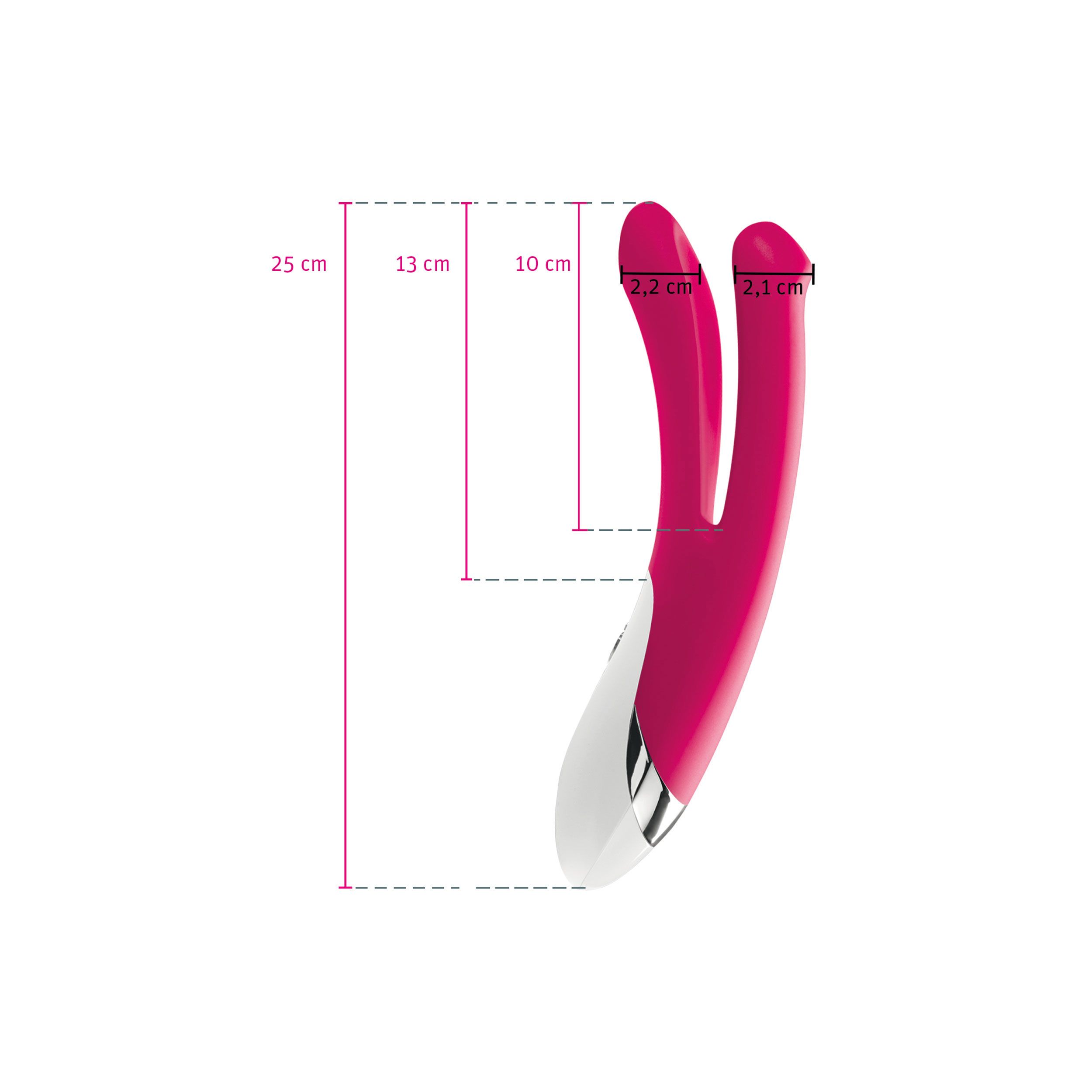 Rosa Vibrator mit zwei Köpfen. Maße: 25 cm hoch, 13 cm breit, 10 cm tief. Kopf: 2,2 cm und 2,1 cm.