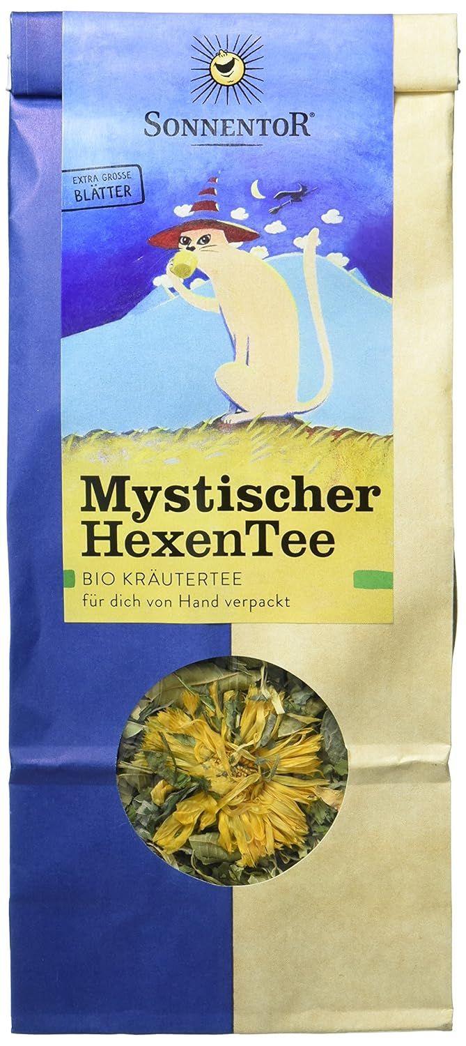 SonnenTor Mystischer HexenTee Beutel, Vorderseite mit Illustration einer Katze auf einem Berg.