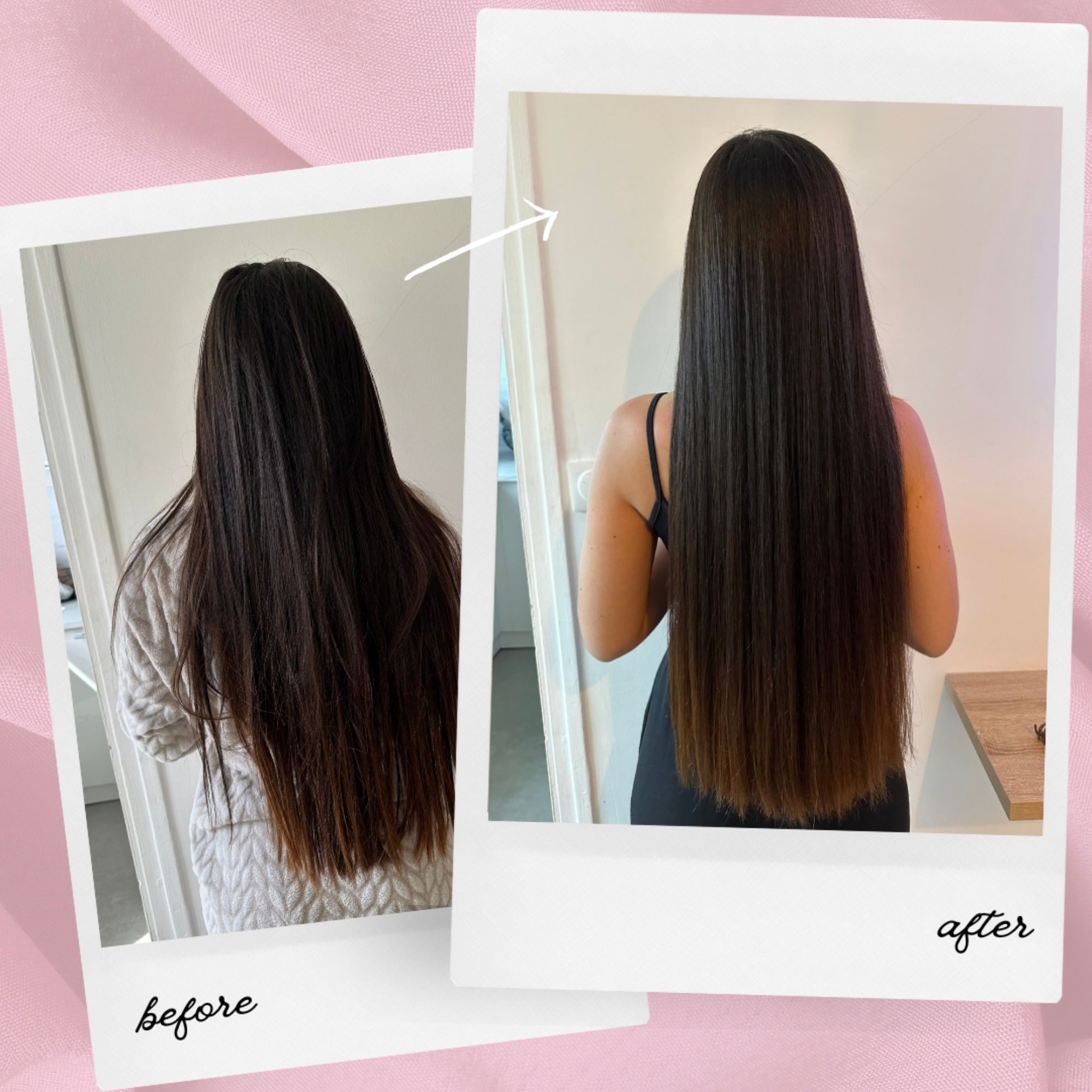 Voor- en na foto's van haar. Glad, glanzend haar na gebruik van het masker.