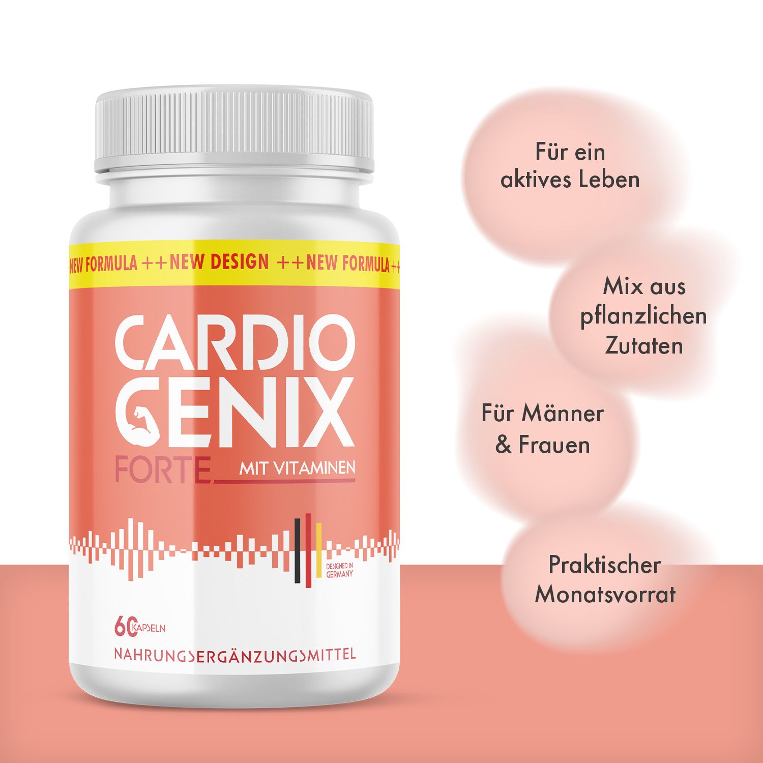 Weiße Flasche mit rotem Etikett. Aufschrift: Cardio Genix Forte, 60 Kapseln. Text: Für ein aktives Leben.