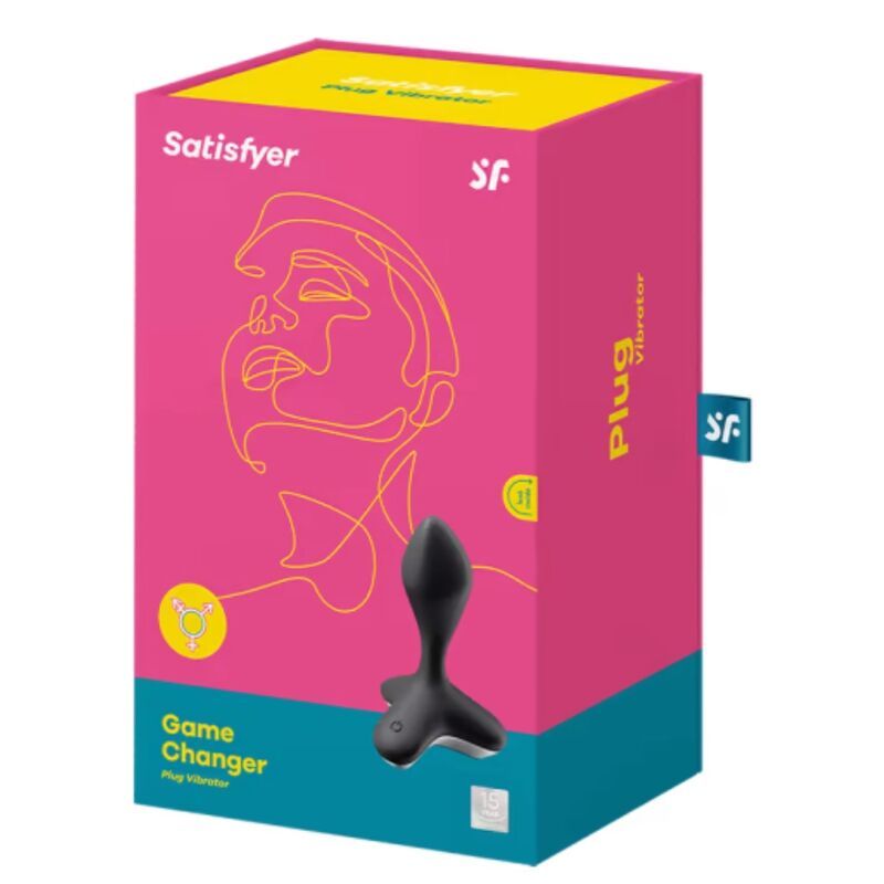 Verpackung von Satisfyer Game Changer Plug Vibrator. Rosa, gelb und blau. Produktname und Logo sichtbar.