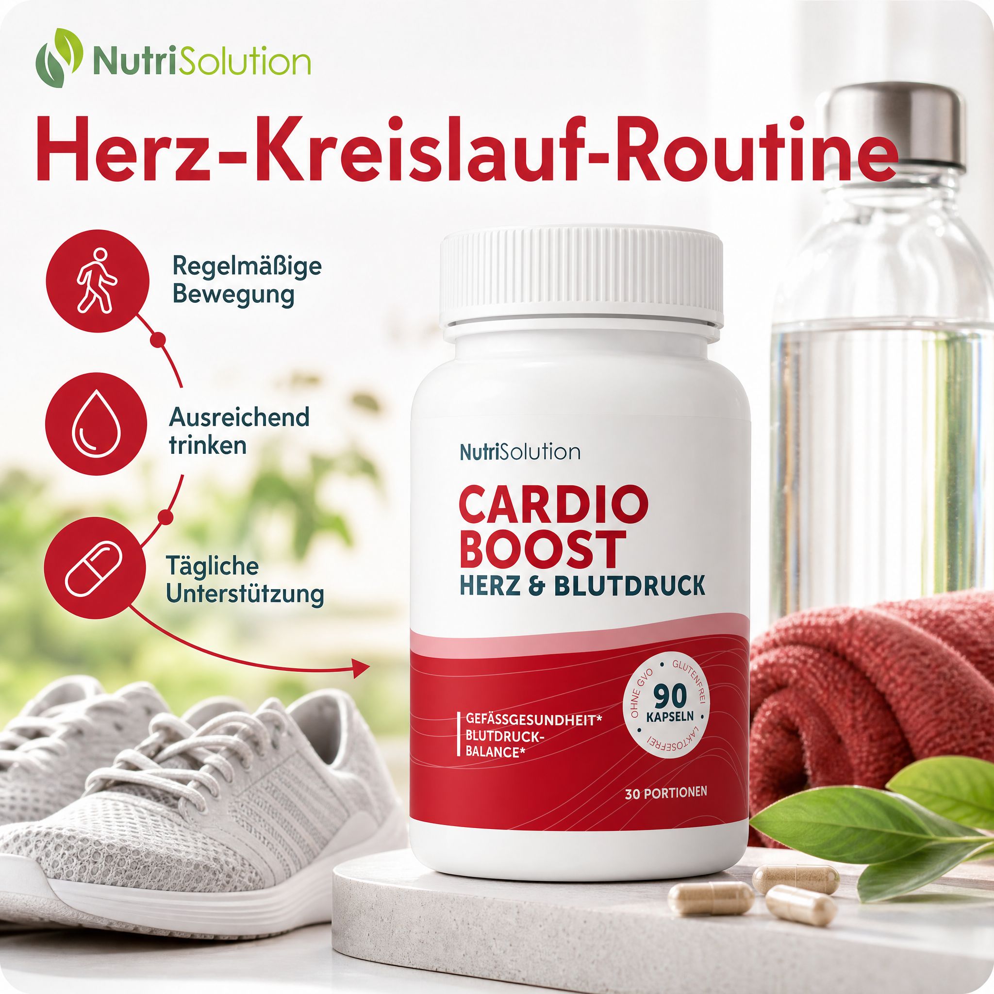 NutriSolution Cardio Boost für die Herz-Kreislauf-Routine: Bewegung, Trinken, Unterstützung.