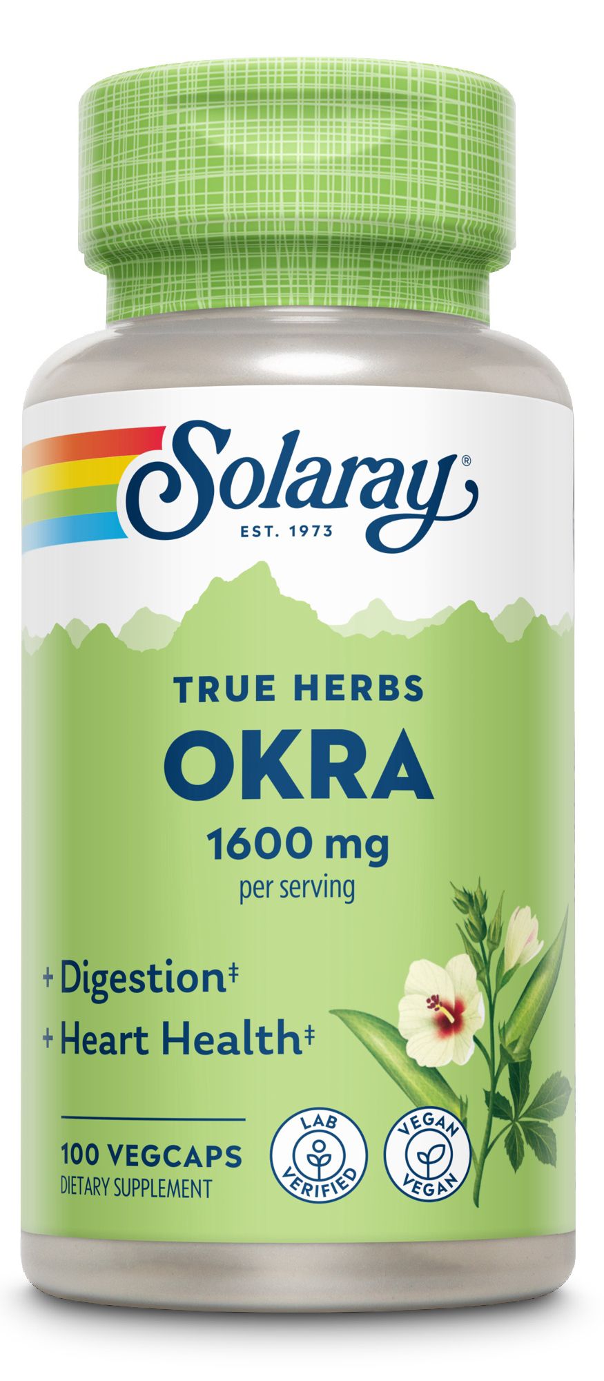 Solaray Okra 1600 mg Flasche. True Herbs, Okra, 1600 mg pro Portion. 100 Vegcaps. Vegan- und Lab-geprüft. Grüner Deckel, Regenbogen-Logo.