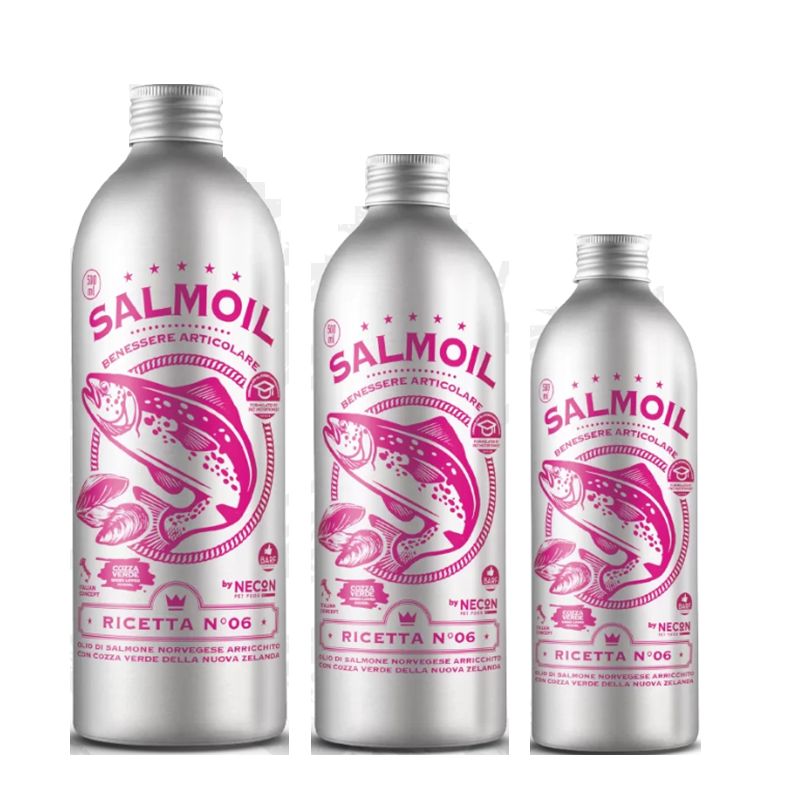 Drei silberne Flaschen mit rosa Etiketten. Auf den Etiketten steht "SALMOIL" und "RICETTA N°06".