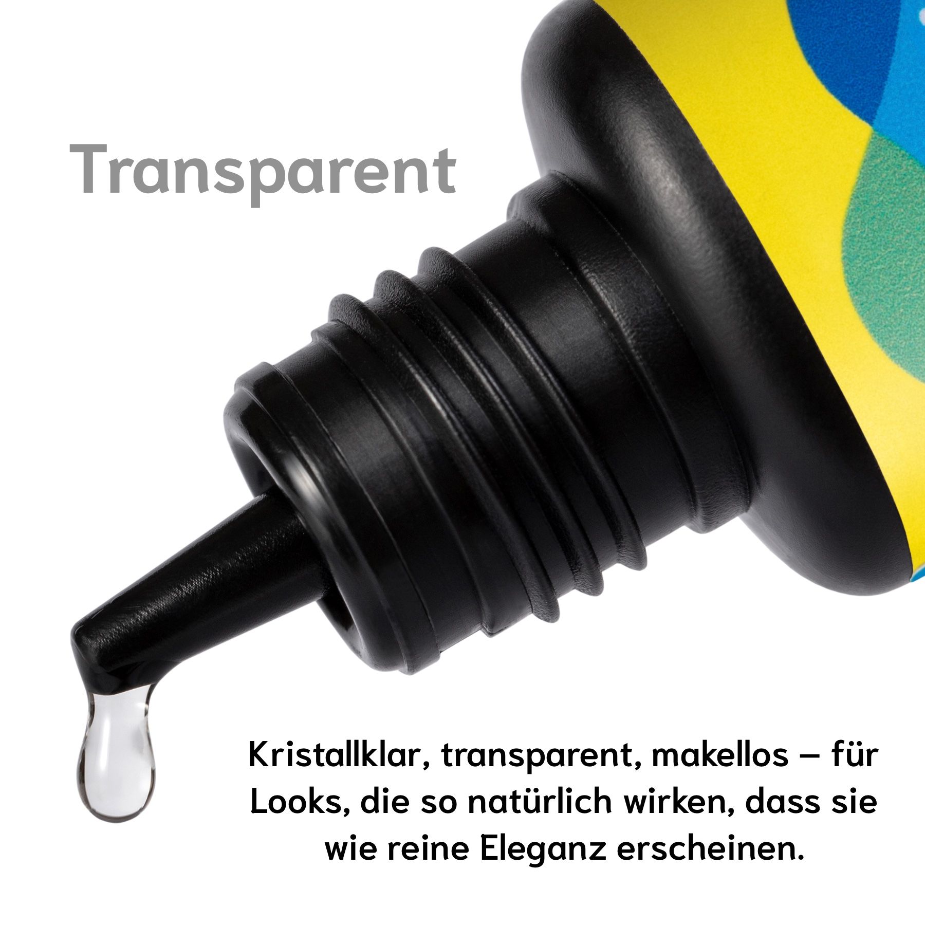 Klarer Kleber-Tropfen. Schwarze Flasche mit schwarzem Verschluss. Text: Transparent. Produkt für Wimpernverlängerung.