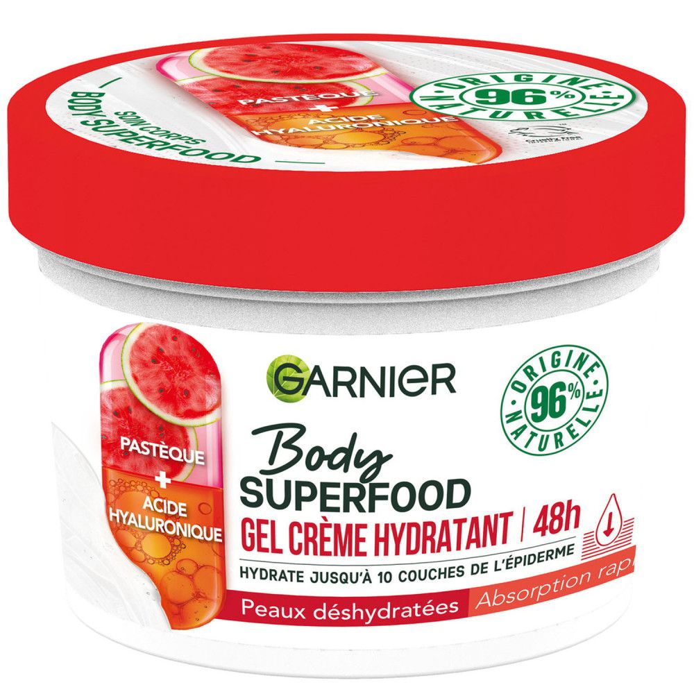 Weißer Tiegel mit rotem Deckel. Aufschrift Garnier Body Superfood Gel Crème Hydratant. 96% natürliche Inhaltsstoffe. Für dehydrierte Haut.