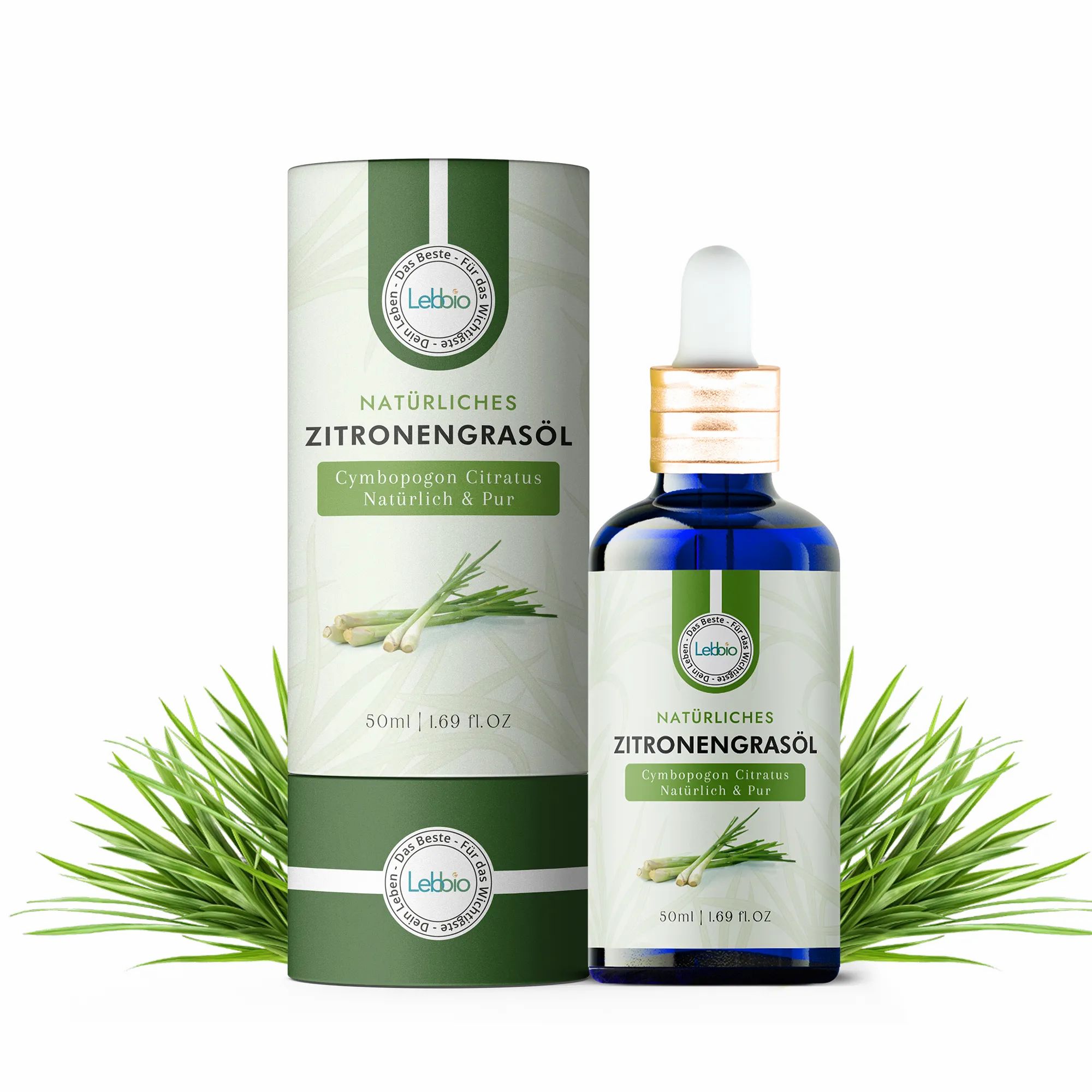 Blaue Glasflasche mit Pipette und zylindrischer Verpackung. Aufschrift: Natürliches Zitronengrasöl. Abbildung von Zitronengras.