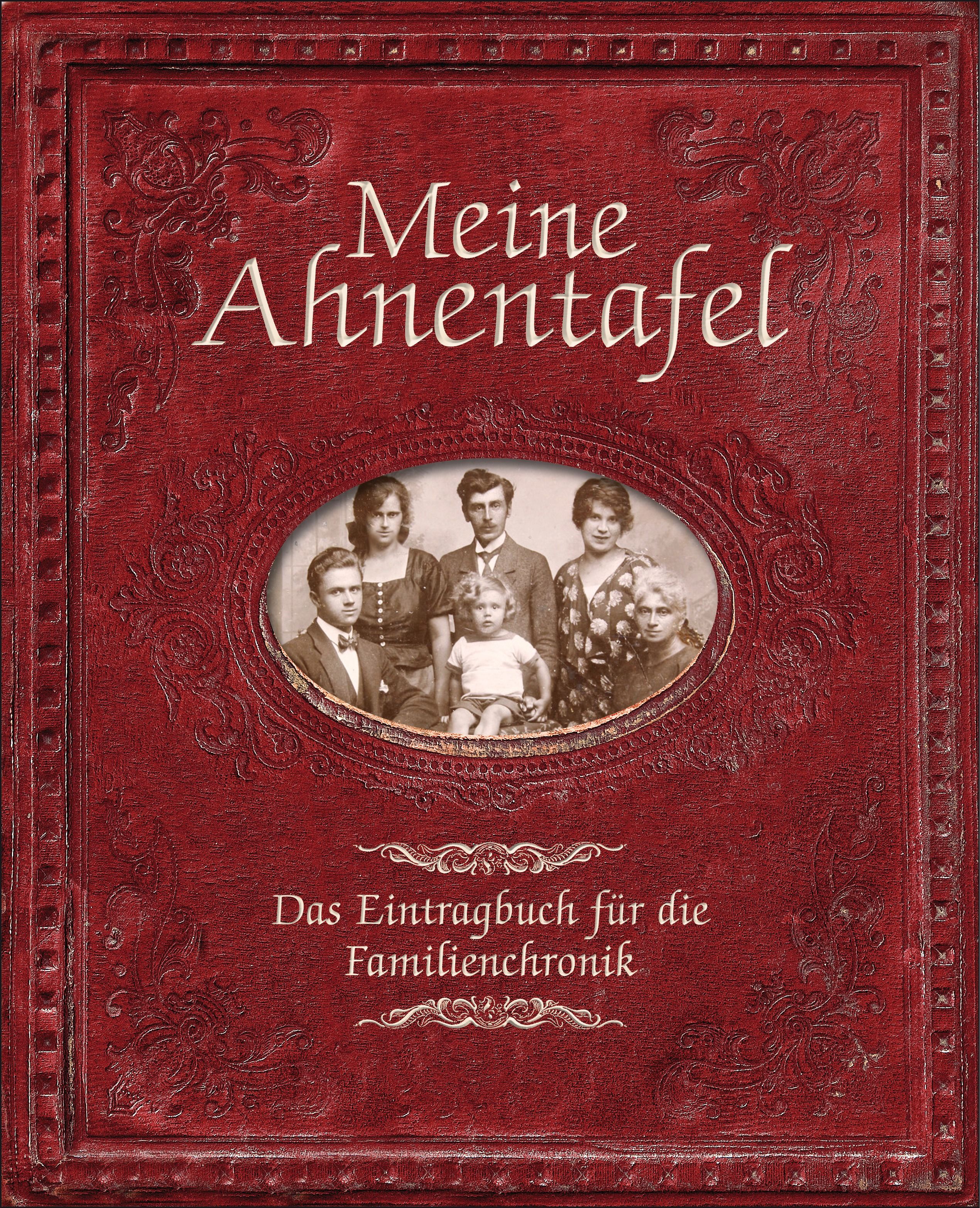Buch mit rotem Einband, Titel "Meine Ahnentafel". Ovales Familienfoto, darunter Text "Das Eintragbuch für die Familienchronik".