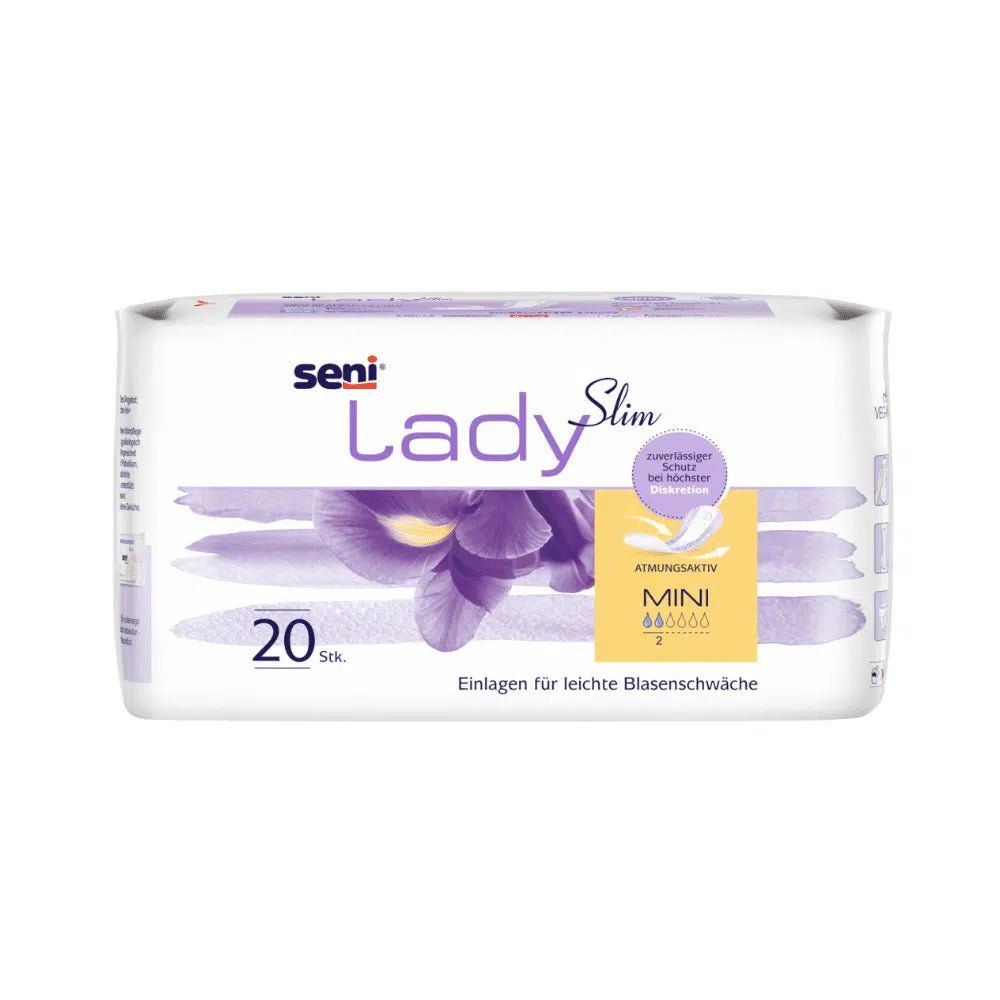 Verpackung Seni Lady Slim Mini Einlagen. 20 Stück. Lila Blüten-Design. Text: Atmungsaktiv, Mini, Einlagen für leichte Blasenschwäche.