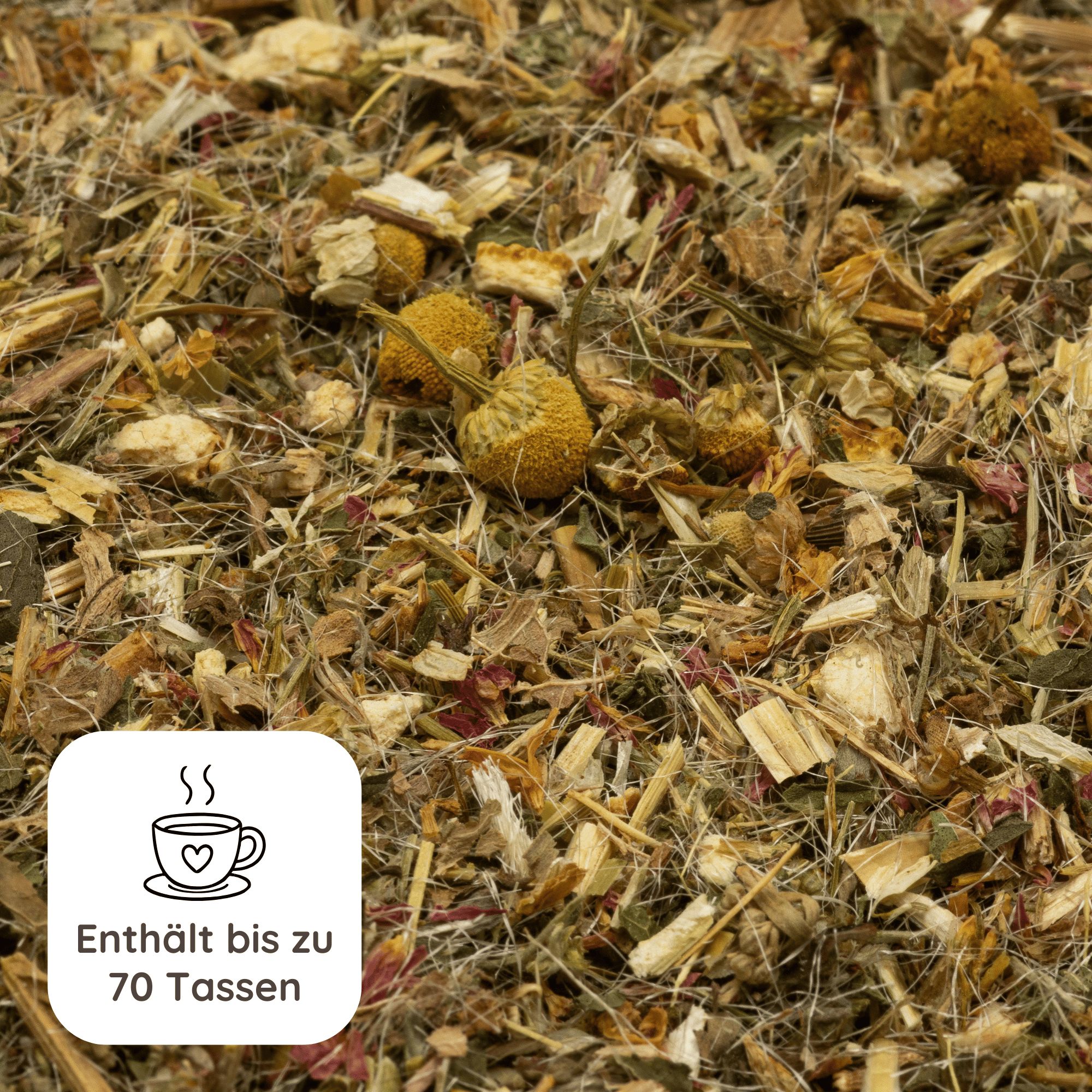 Nahaufnahme von Kräutern. Text: Enthält bis zu 70 Tassen. Abbildung einer Tasse mit Dampf.