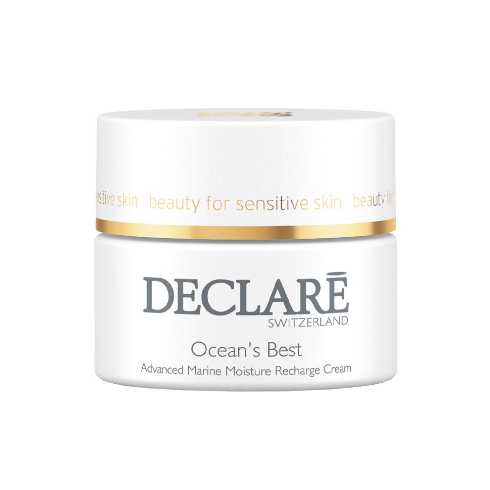 Weißer Tiegel mit goldfarbenem Deckel. DECLARÉ-Logo und Produktbezeichnung "Ocean's Best" in Grau. Text: "Advanced Marine Moisture Recharge Cream".