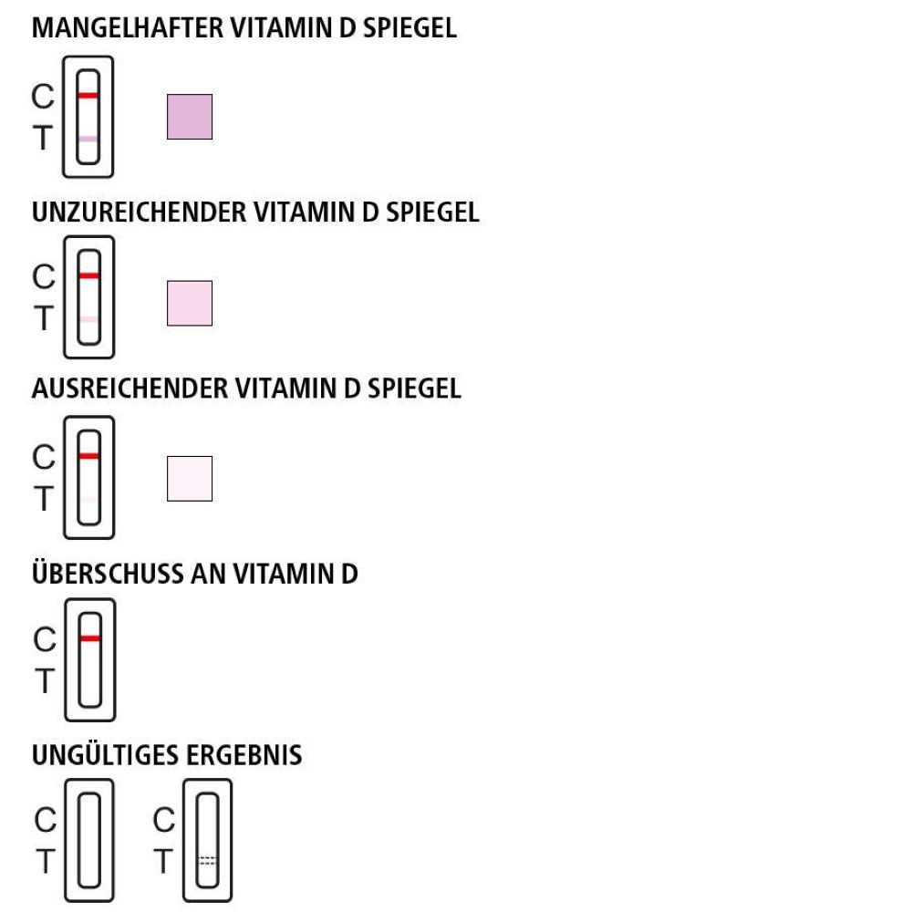 Ergebnisdarstellung des Vitamin D-Tests. Diagramm mit Ergebnissen: mangelhaft, unzureichend, ausreichend, Überschuss, ungültig.