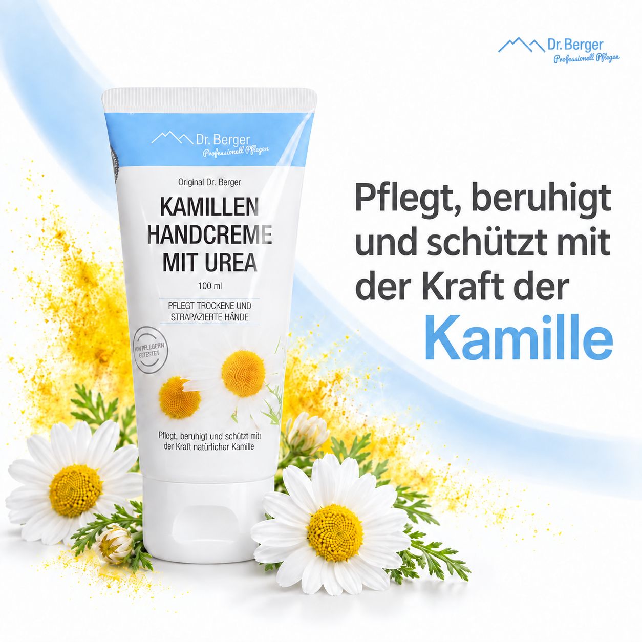 Dr. Berger Kamillen Handcreme mit Urea Tube, pflegt, beruhigt und schützt mit Kamille.