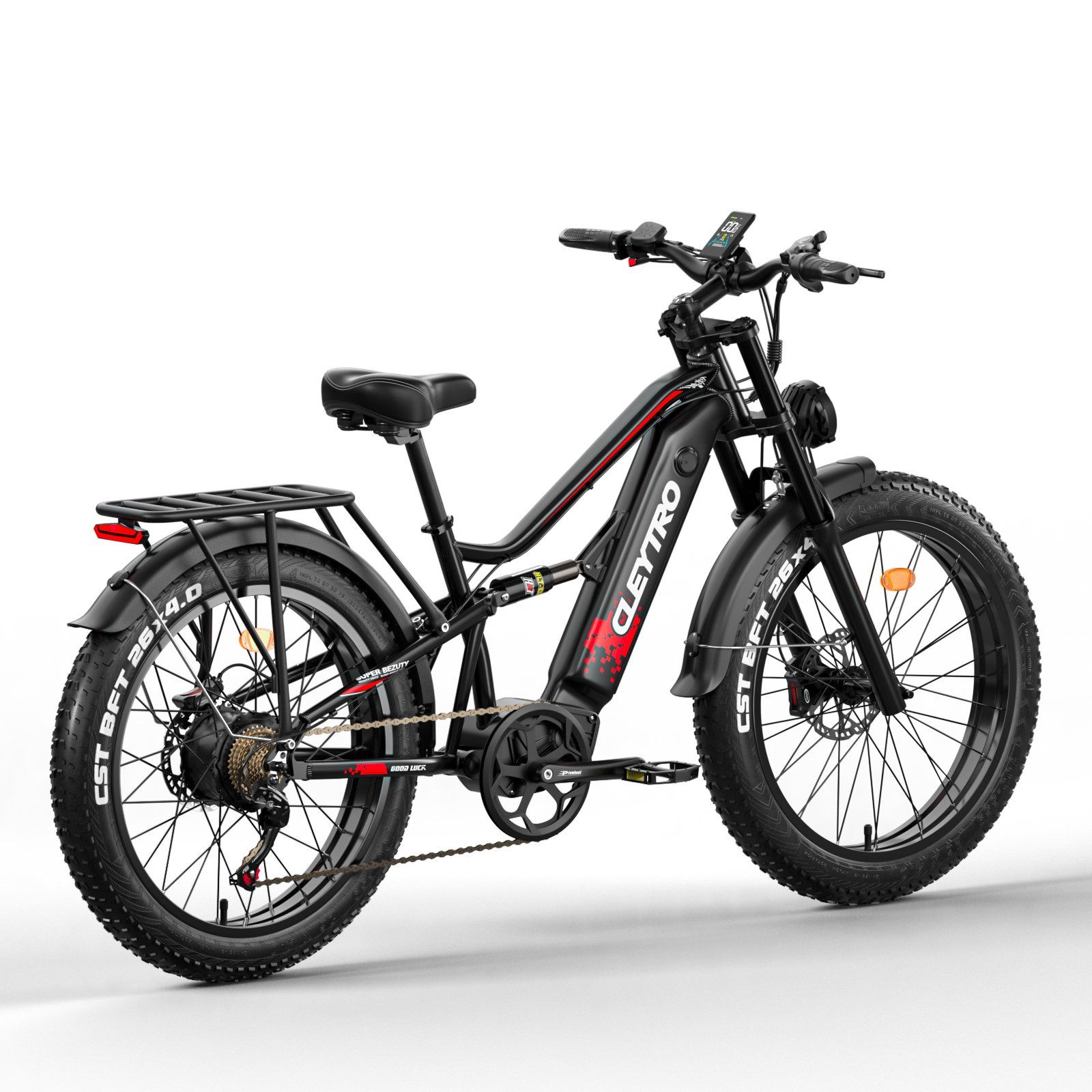 Schwarzes E-Mountainbike mit Gepäckträger. Breitreifen, Federung. Marke Cleytro.