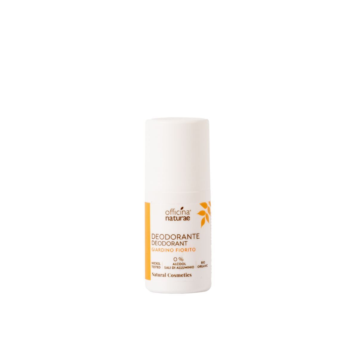 Deodorante roll-on bianco con etichetta arancione. Officina Naturae, Deodorante Giardino fiorito, 0% alcool. Cosmetici naturali.