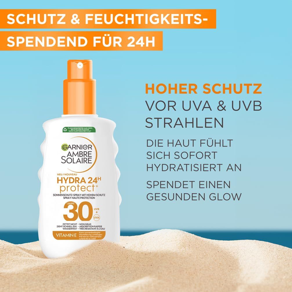 Garnier Ambre Solaire Hydra 24H Protect+ LSF 30 auf Sand. Text: Hoher Schutz vor UVA & UVB. Die Haut fühlt sich hydratisiert an.