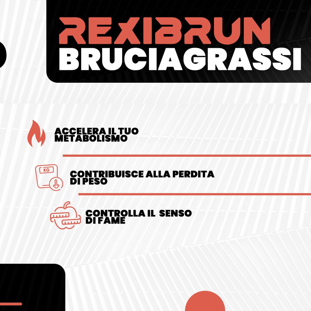 Testo con titolo: REXIBURN Bruciagrassi. Descrizioni: Accelerare il metabolismo, perdita di peso, controllo dell'appetito.